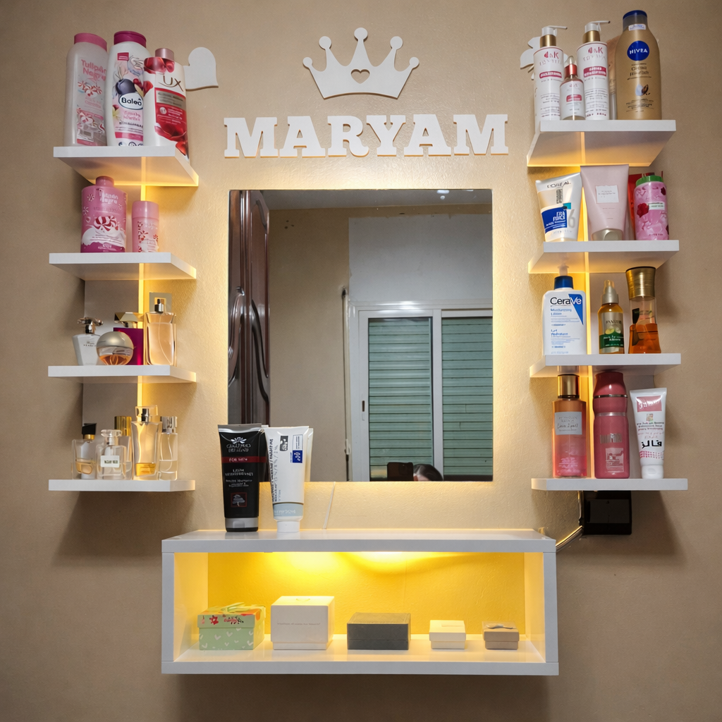 وحدة حائط مع مرآة ورفوف وإضاءة LED – تصميم أنيق للتجميل والعطور